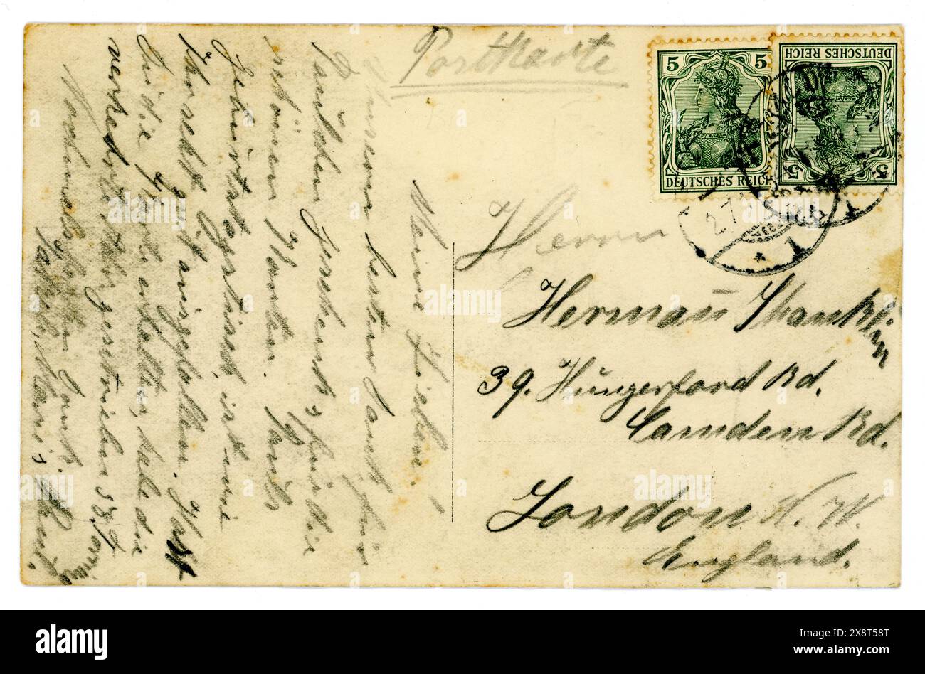 Reverse of original early 1900's handwritten postcard. Dated 23 June 1911 . Posted to London from Germany with 5  Pfennig Deuteches Reich (German Reich or Empire) stamps. Stock Photo