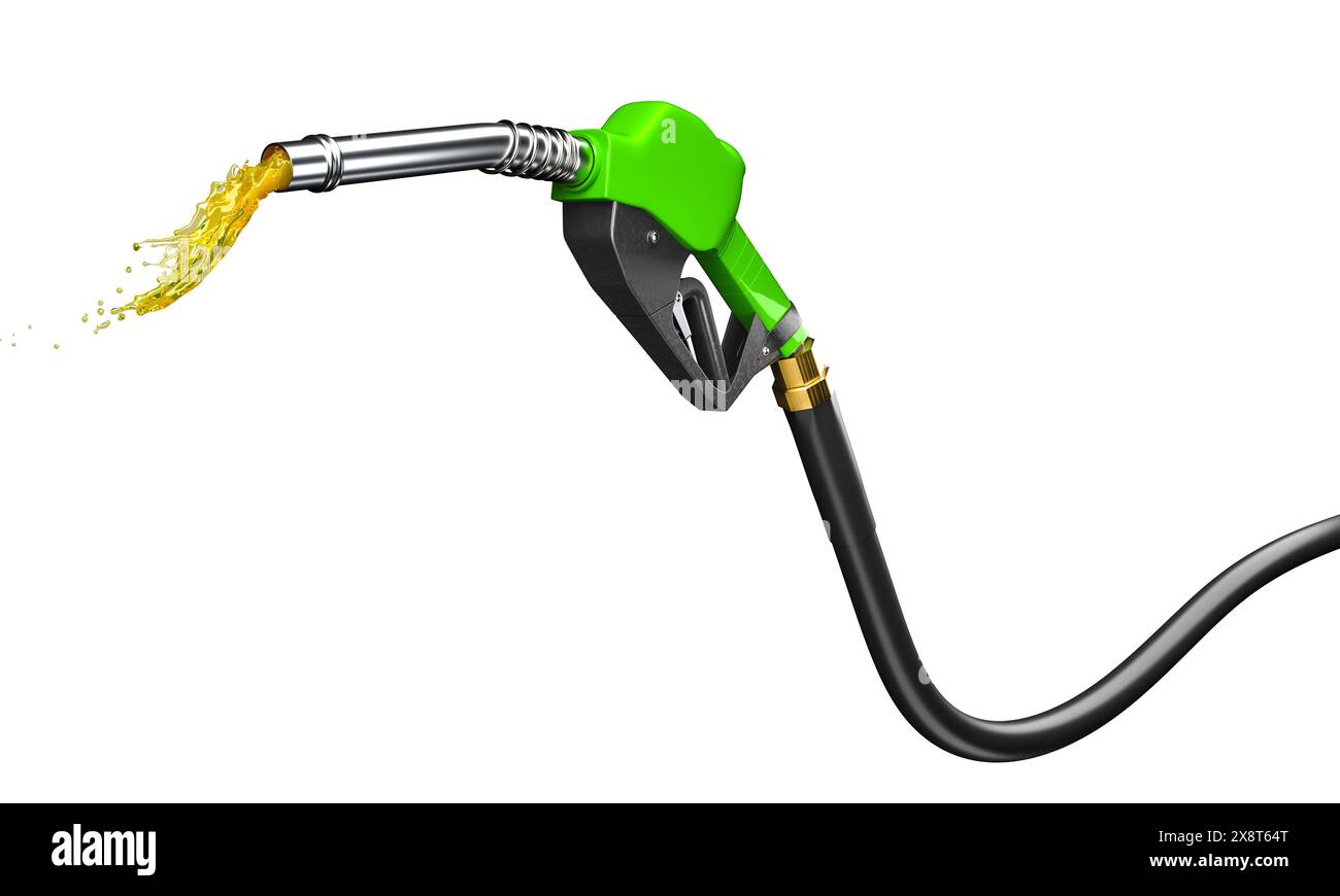 green fuel pump nozzle gasoline splash isolated transparent backdrop Stock Photo