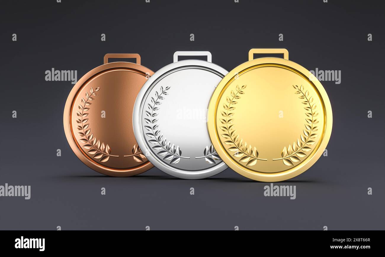 gold, silver, and bronze medals with laurel wreath design,  award competition Stock Photo