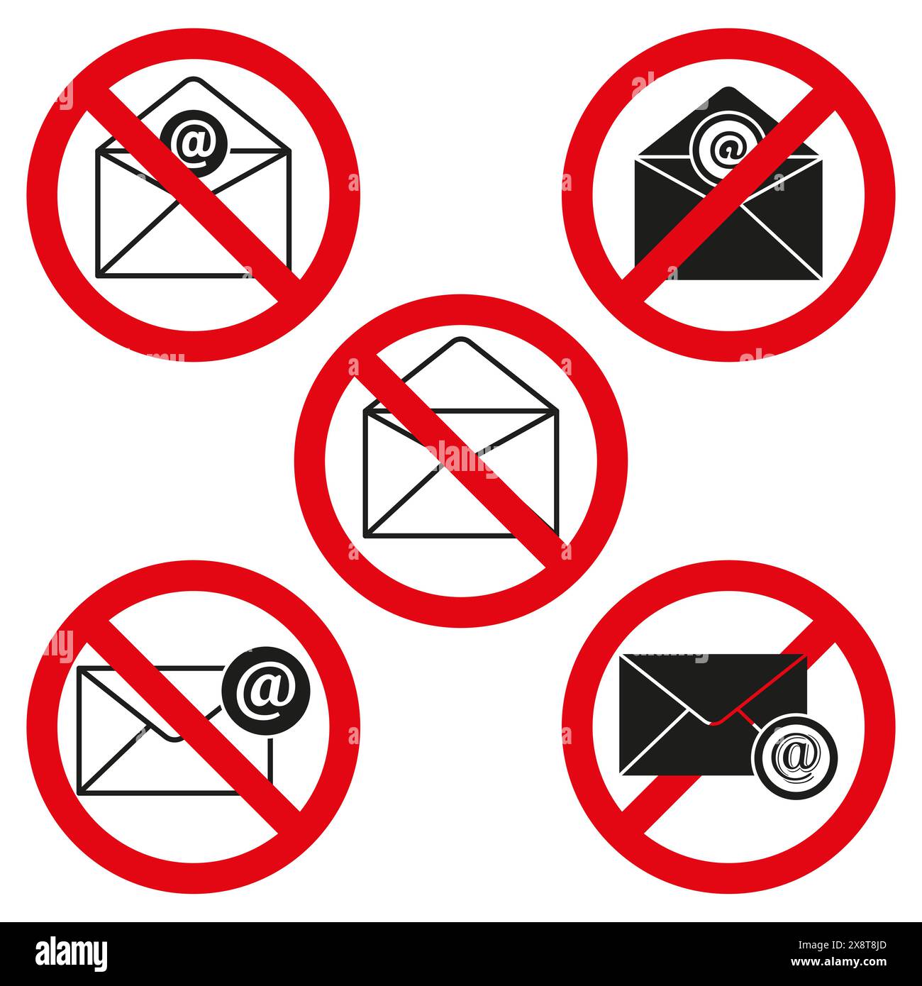 No email icons. Red prohibition signs. Black and white envelopes