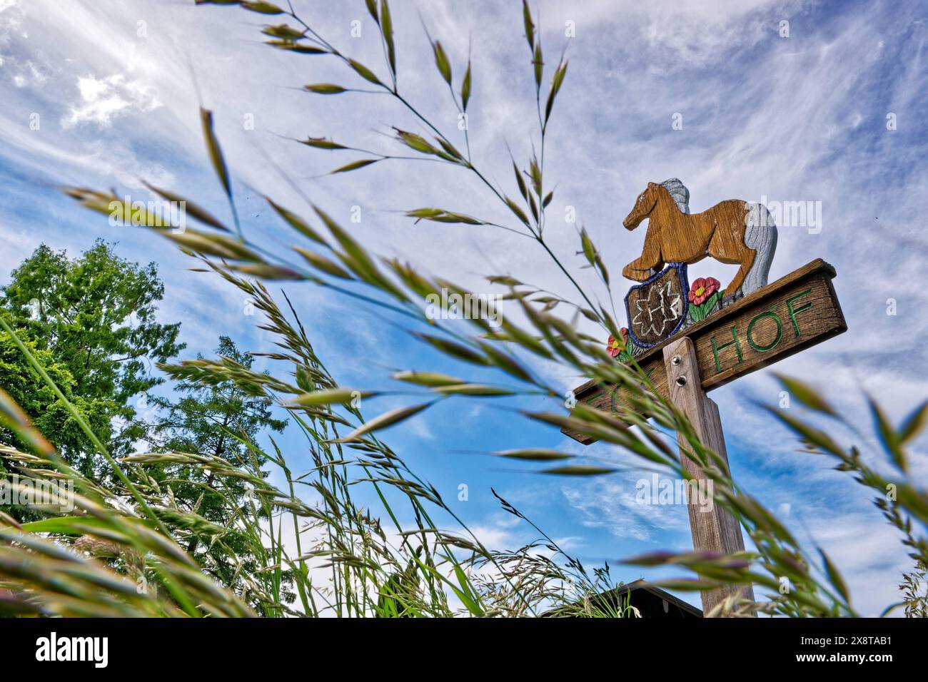 Endlich Freizeit. Eine geschnitzte Holztafel mit dem Haflinger Pferd als Wegweiser . Siegsdorf Bayern Deutschland *** Finally free time A carved wooden plaque with the Haflinger horse as a signpost Siegsdorf Bavaria Germany Copyright: xRolfxPossx Stock Photo