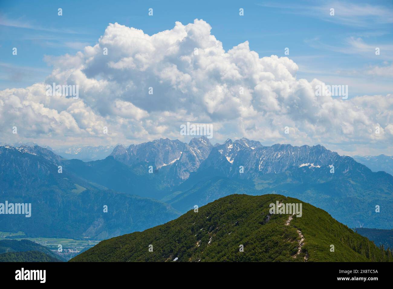 Mountain range Wilder Kaiser with cloud, from Grosser Traithen, Bayrischzell, Sudelfeld, Mangfall mountains, Bavarian Prealps, Upper Bavaria Stock Photo