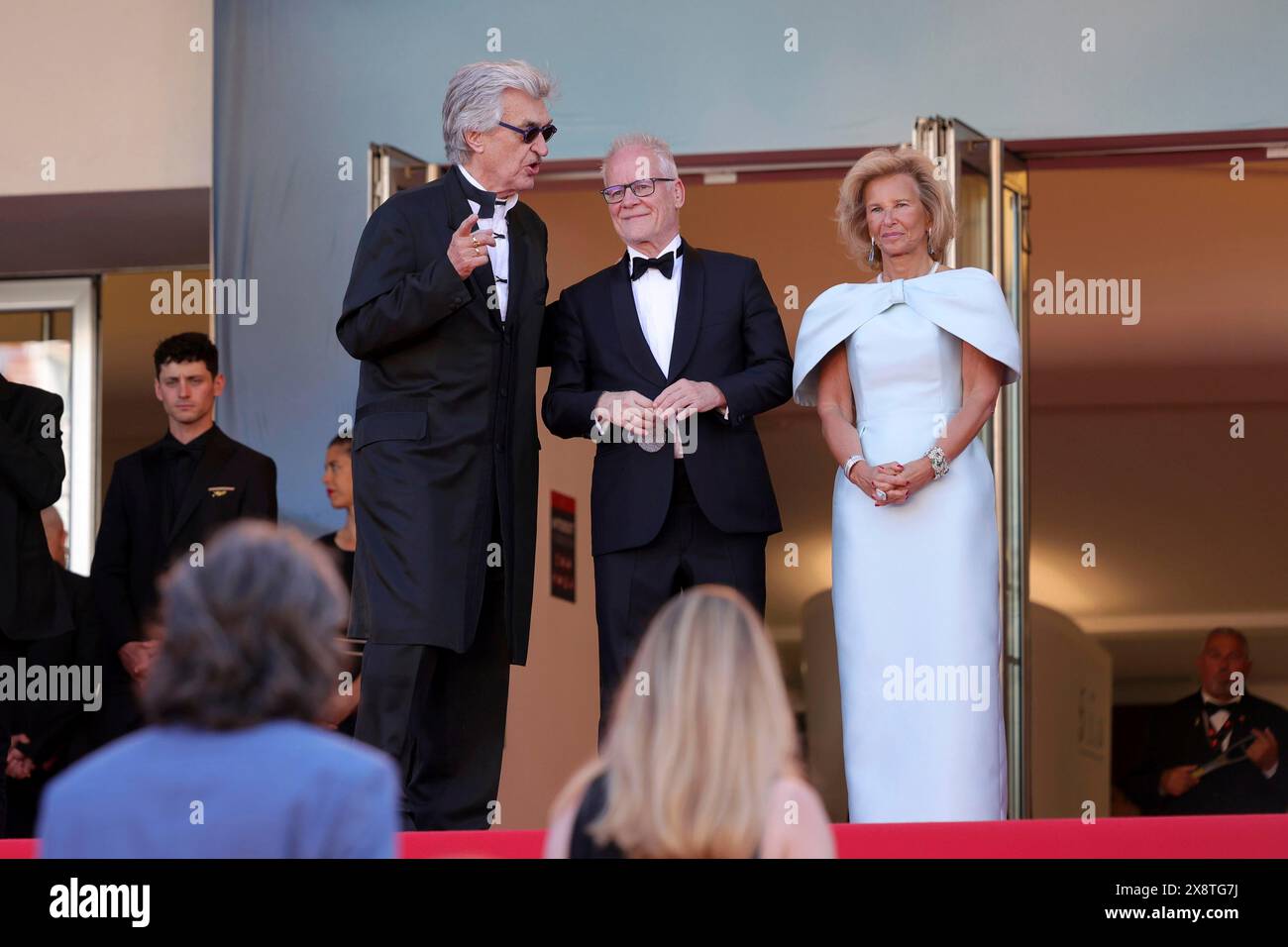 Cannes, France, 25 May 2024: Wim Wenders (director and photographer), Thierry Fremaux (Festival Director) and Iris Knobloch (President of the Cannes Stock Photo