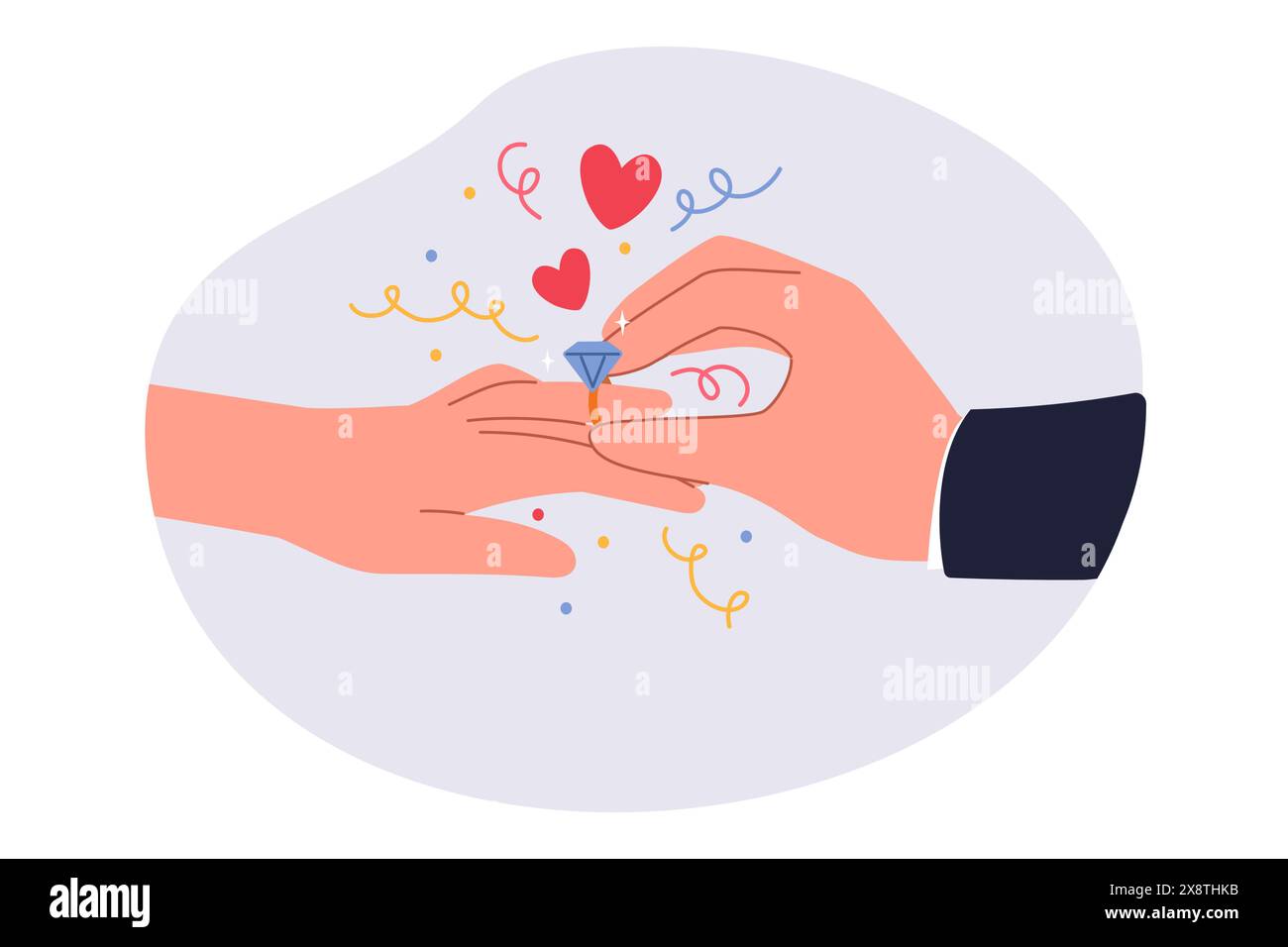 Groom puts wedding ring on bride hand during marriage ceremony in christian temple. Stock Vector