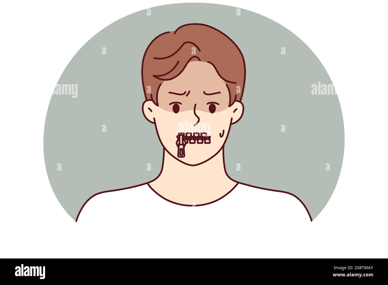 Silent man with zipper on lips is trying to hide compromising information or unpopular opinion. Silent guy with closed mouth refuses to comment and gossip due to self-censorship and cowardice Stock Vector
