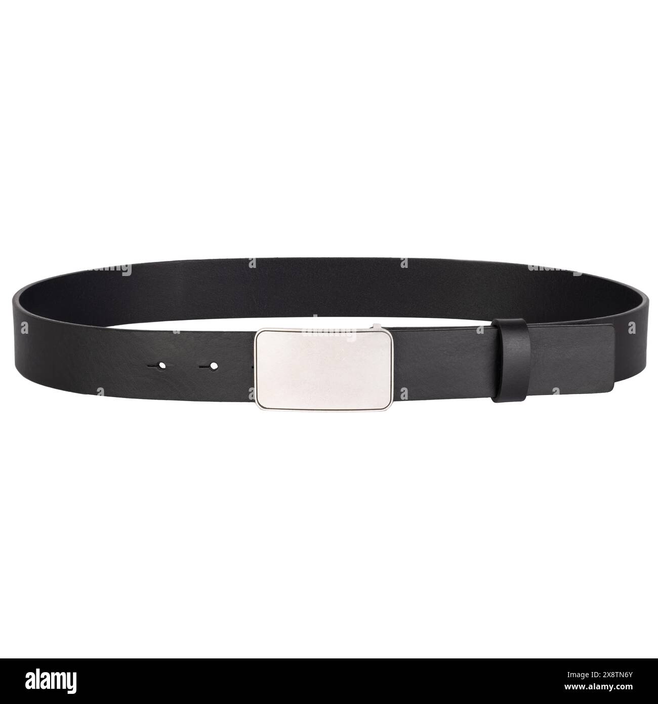 Black Leather Belt with Silver Buckle. Isolated. Stock Photo