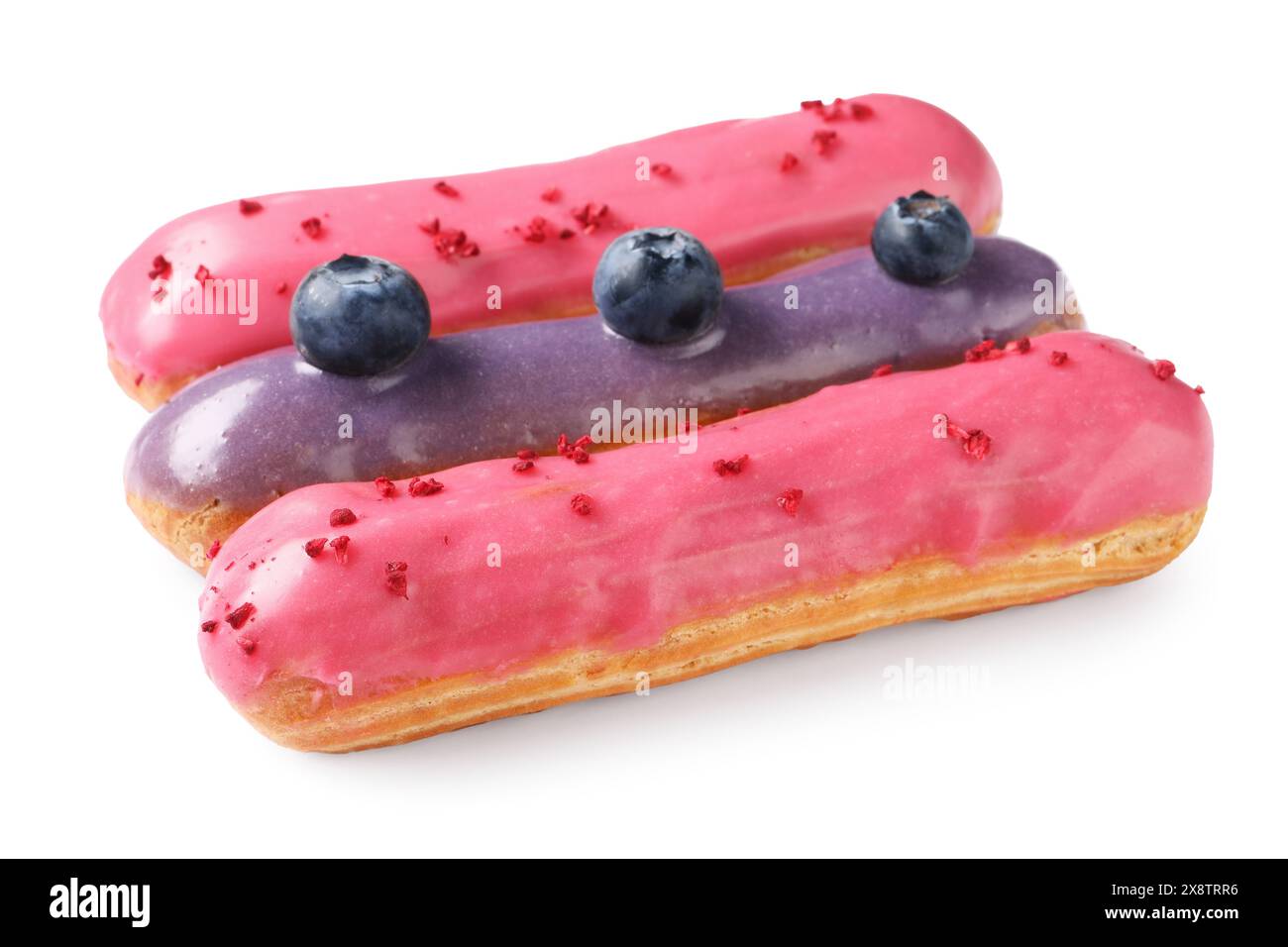 Delicious eclairs covered with glaze isolated on white Stock Photo
