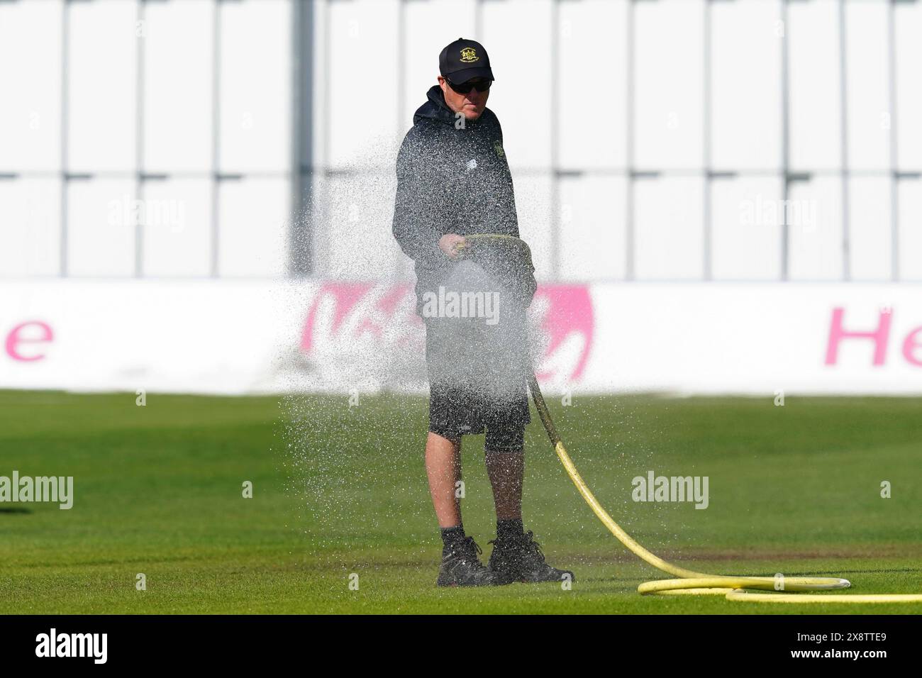 Bristol, UK, 27 May 2024. Gloucestershire ground staff work on the pitch during the Vitality County Championship match between Gloucestershire and Derbyshire. Credit: Robbie Stephenson/Gloucestershire Cricket/Alamy Live News Stock Photo