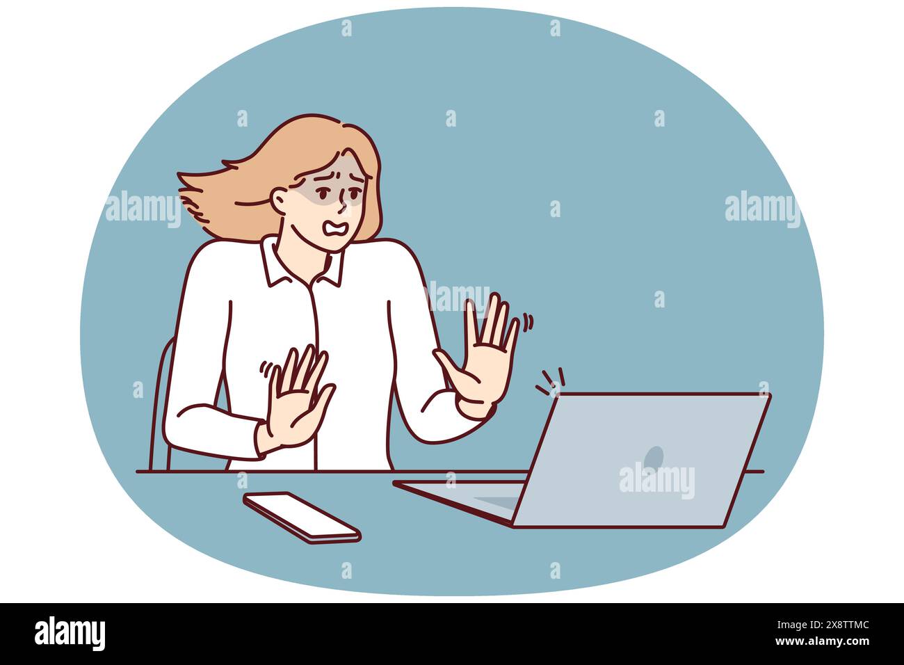 Frightened businesswoman sitting at table and looking at laptop after seeing cash gap notice in own company. Shocked businesswoman after error or notification about presence of viruses in computer Stock Vector