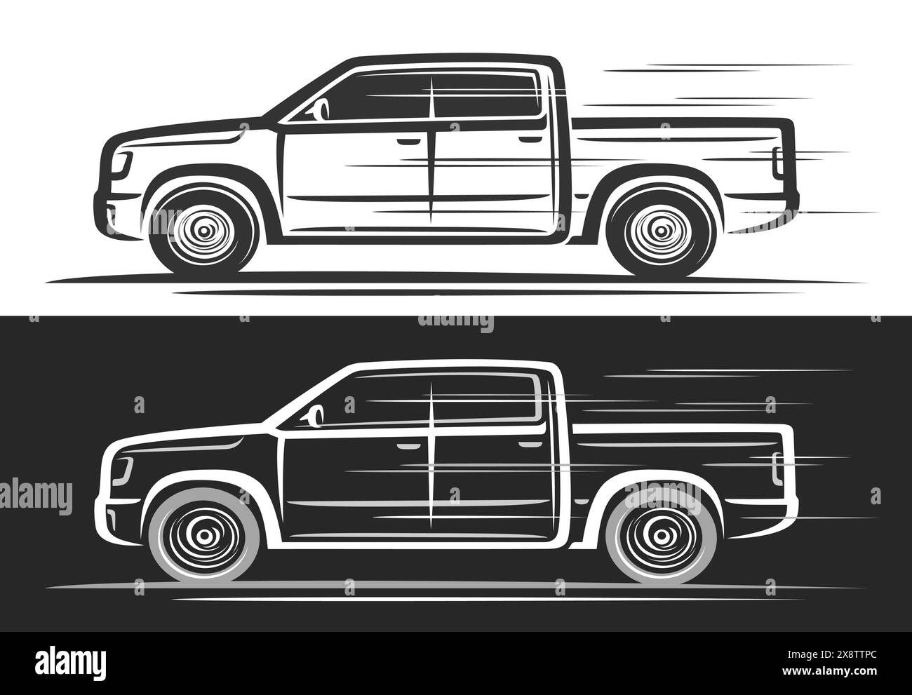 Vector logo for Pickup Truck, automotive decorative banner with simple contour illustration of line art monochrome modern pickup truck in moving, runn Stock Vector