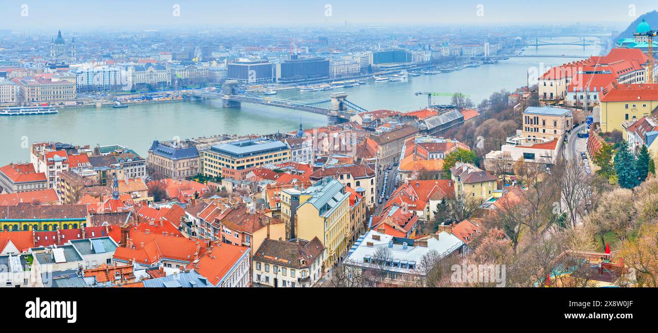 Budapest's cityscape from the Fisherman's Bastion with Castle Hill, Danube River, St Stephen Basilica and Chain Bridge, Hungary Stock Photo