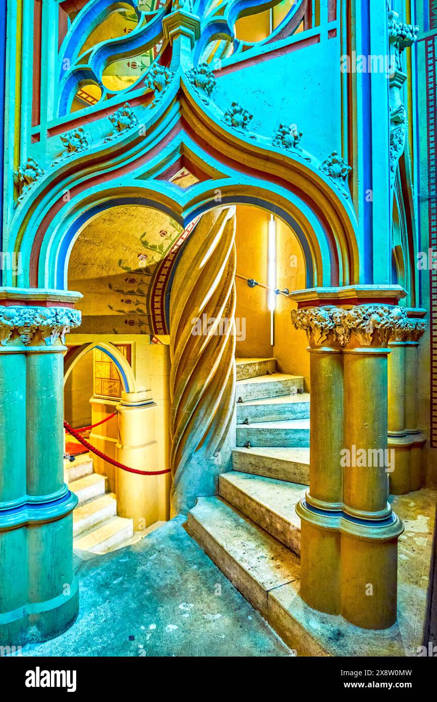 BUDAPEST, HUNGARY - FEBRUARY 28, 2022: Gothic staircase of Matthias Church, on February 21 in Budapest, Hungary Stock Photo