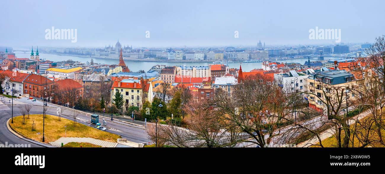 Panoramic view from Fisherman's Bastion on Parliament and other landmarks of Budapest, Hungary Stock Photo