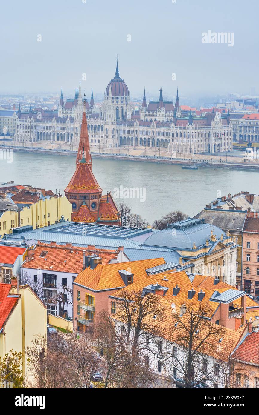 View of Budapest cityscape from Fisherman's Bastion, featuring the Danube River and the Parliament building on its bank, Hungary. Stock Photo