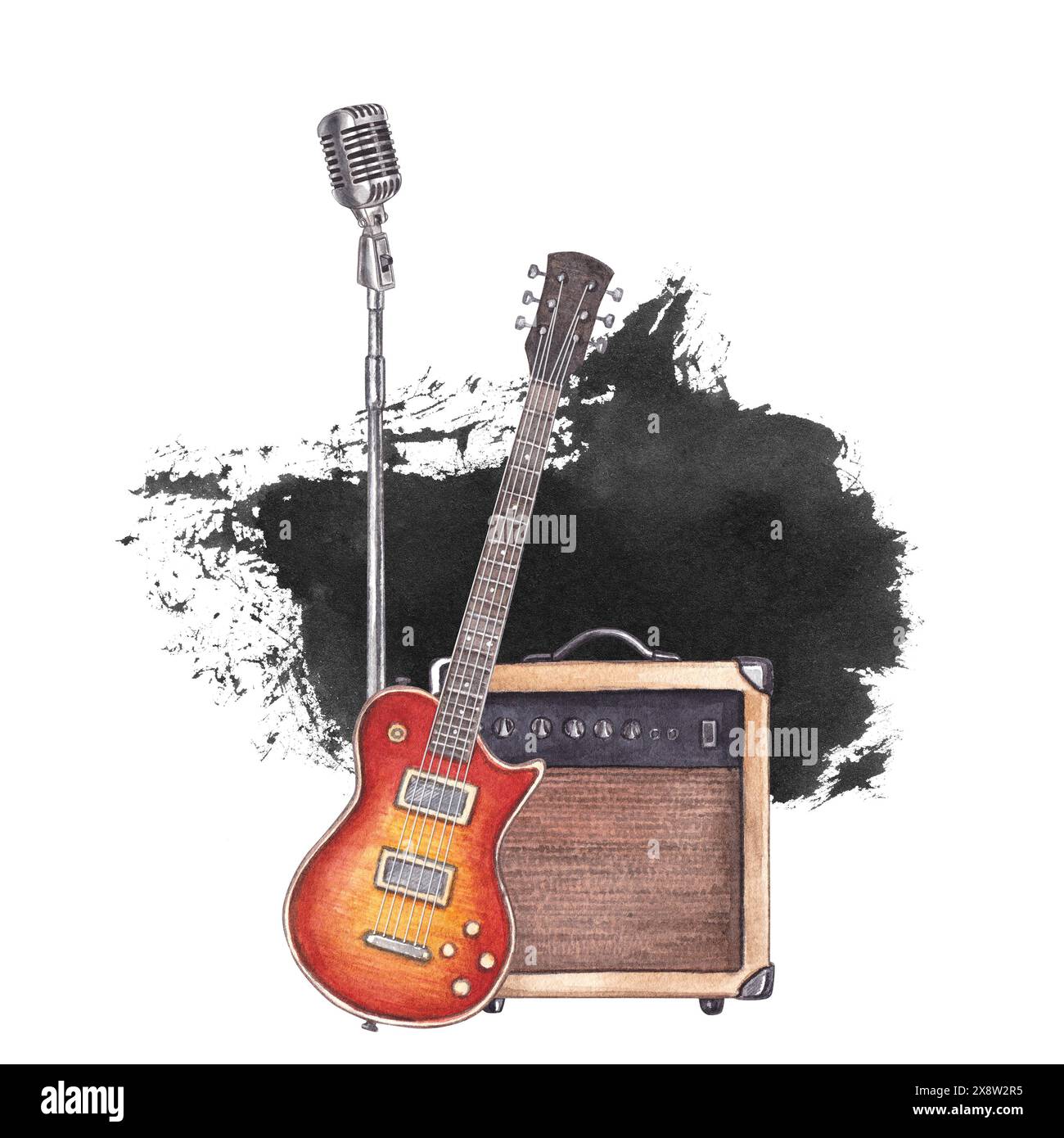 Electric guitar with microphone and combo amplifier. Watercolor hand ...