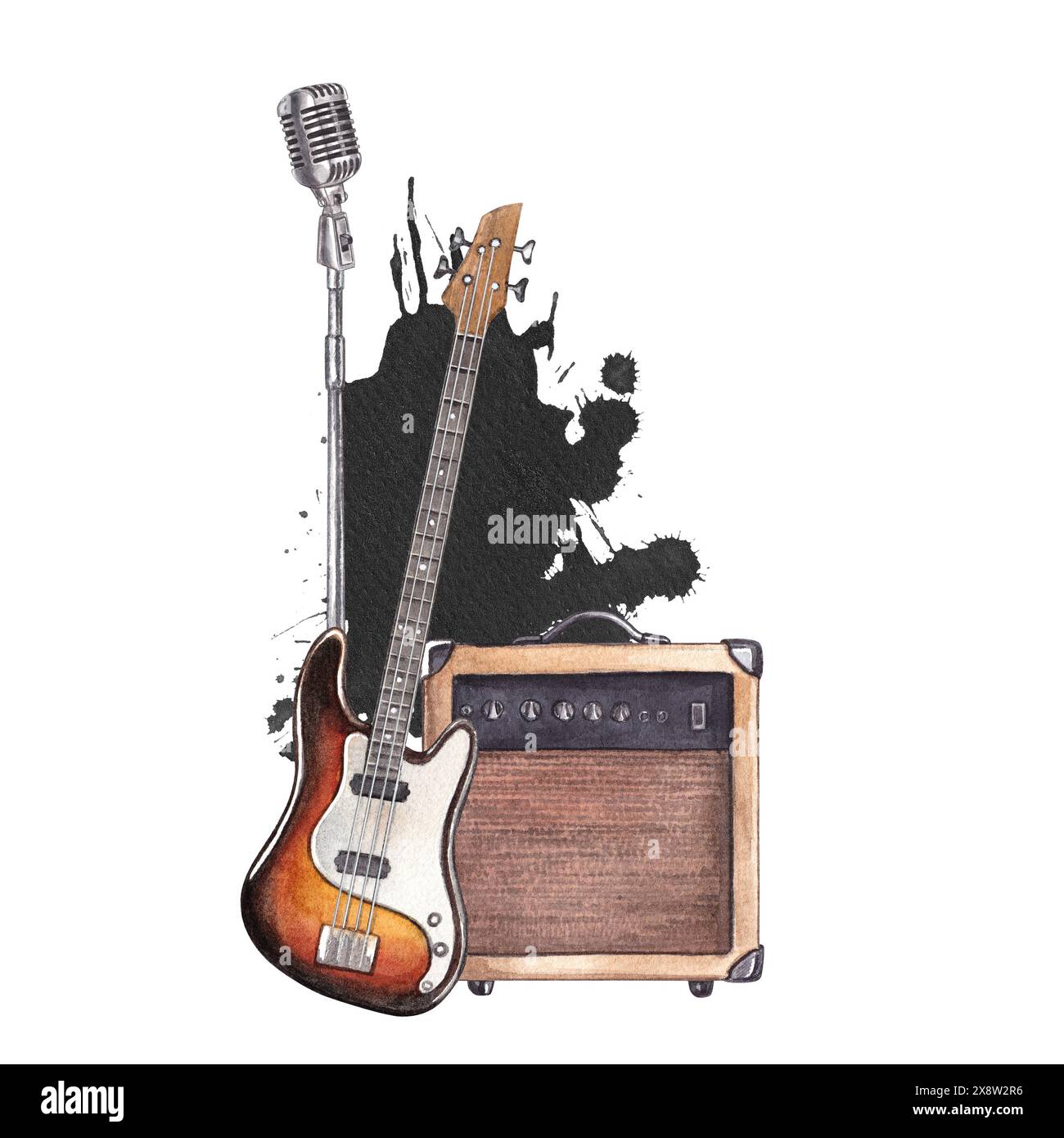 Bass guitar with microphone and combo amplifier. Watercolor hand drawn ...
