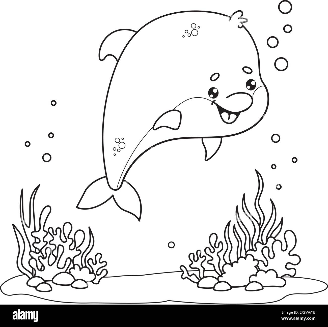 Outline cute dolphin. Underwater world with seaweed and happy cartoon kawaii animal. Line drawing, coloring book. Vector illustration. Kids collection Stock Vector