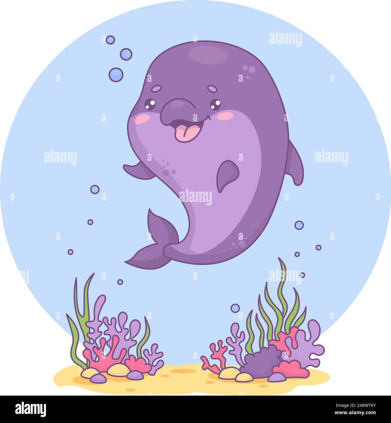 Cute happy dolphin. Underwater world with seaweed and funny cartoon kawaii character animal. Vector illustration. Kids collection Stock Vector