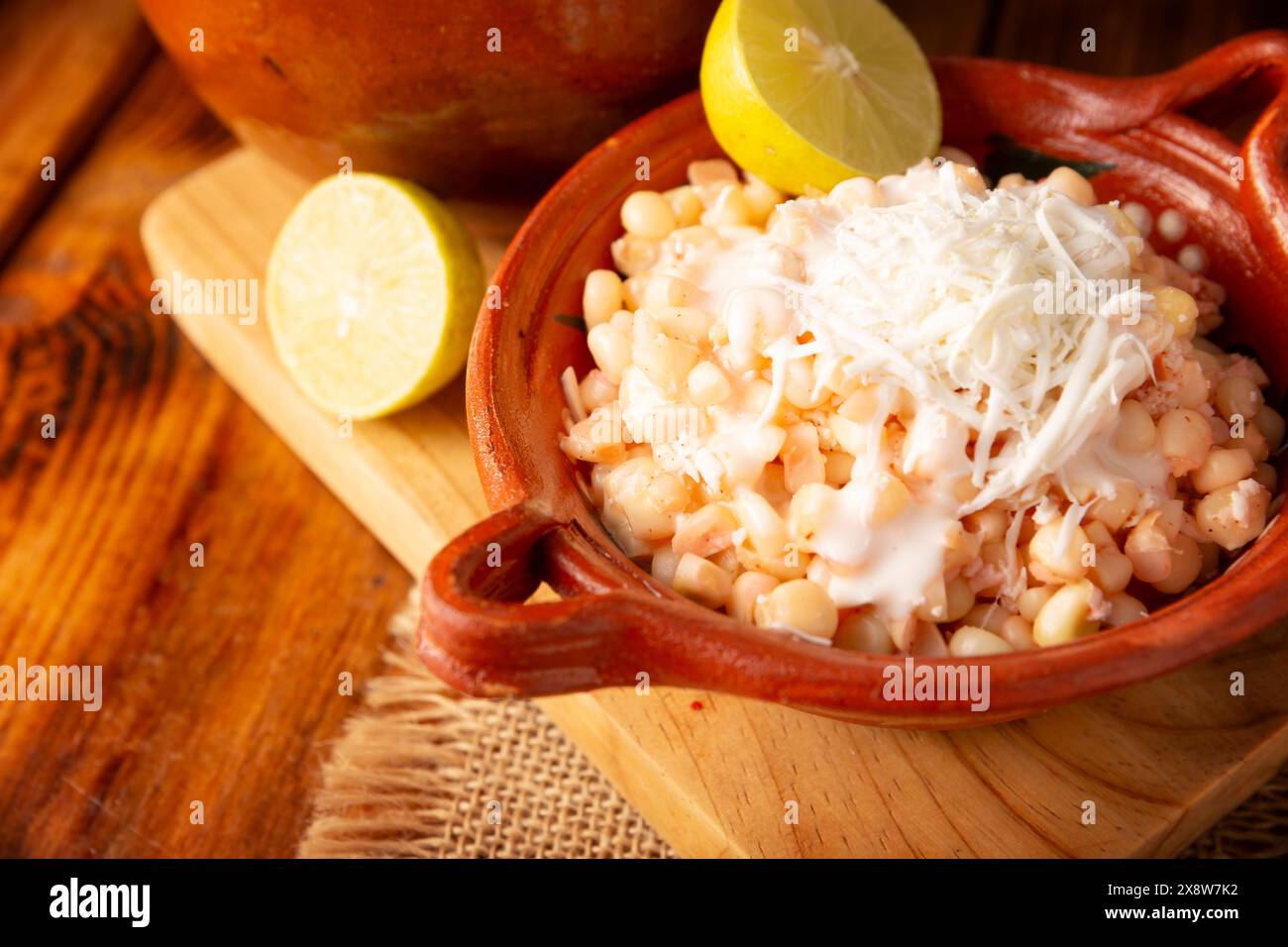 Esquites. Corn kernels cooked and served with mayo, sour cream, lemon