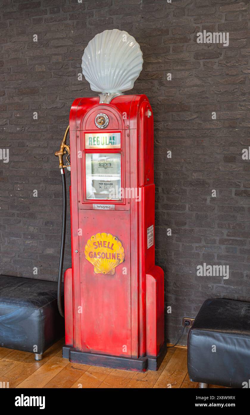 Exhibited old-fashioned American gasoline pump of brand Shell Stock Photo
