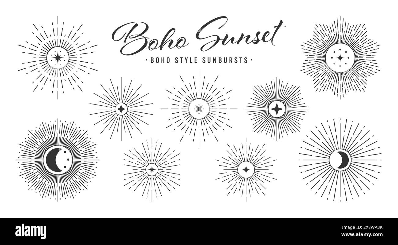 Vintage sunburst, sunset beams collection. Boho style, modern minimalist bohemian design. Hand drawn bursting sun, light rays. Logotype or lettering Stock Vector