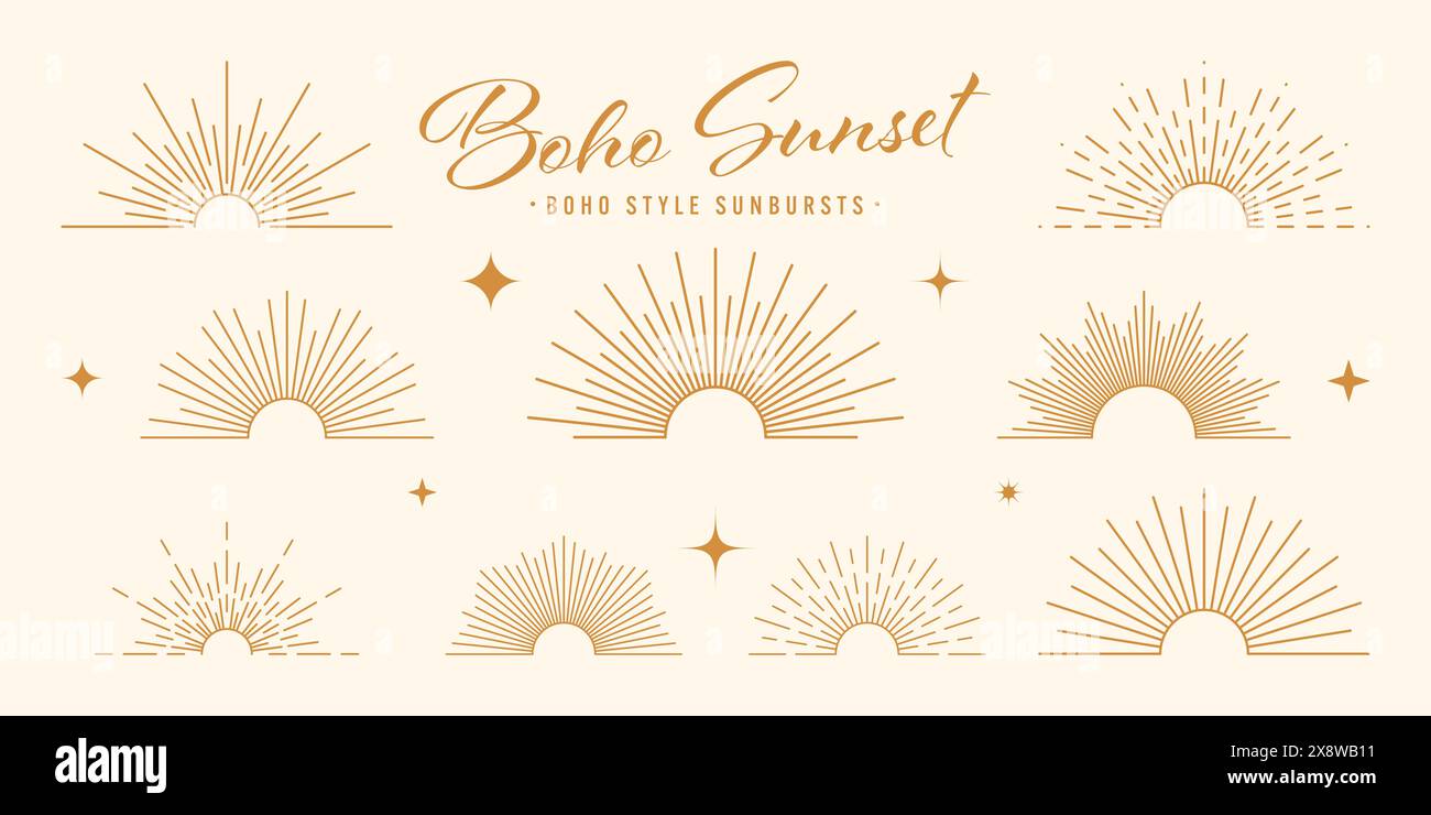 Vintage sunburst, sunset beams, half circle sunrise. Boho style, modern ...