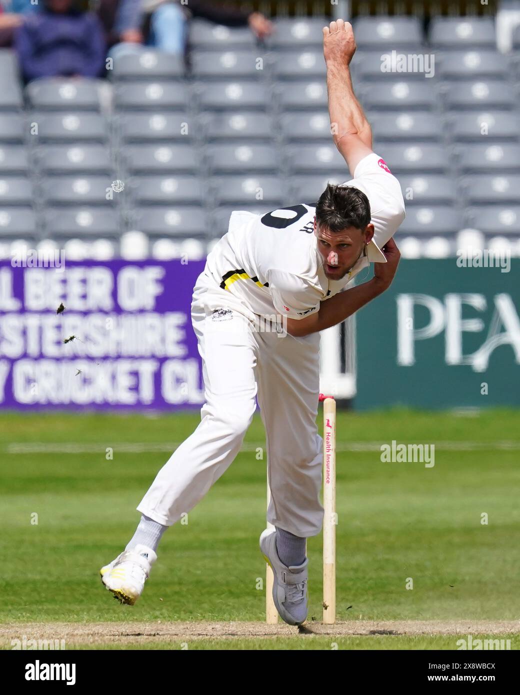 Bristol, UK, 27 May 2025. Gloucestershire's Beau Webster bowling during
