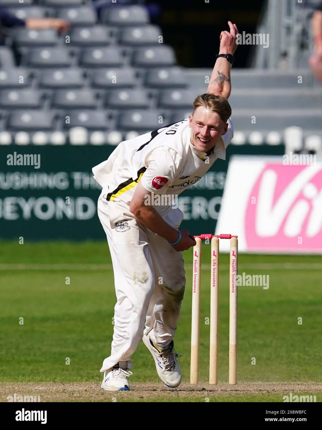 Bristol, UK, 27 May 2024. Gloucestershire's Miles Hammond bowling during the Vitality County Championship match between Gloucestershire and Derbyshire. Credit: Robbie Stephenson/Gloucestershire Cricket/Alamy Live News Stock Photo