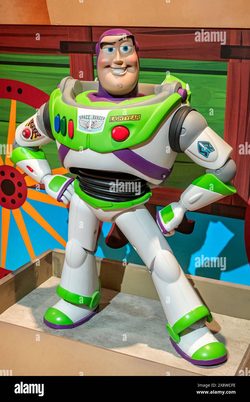 Madrid, Spain; 05-14-2024: Large figure of the famous character Buzz Lightyear from the movie Toy Story in an exhibition called Pixar World about the Stock Photo