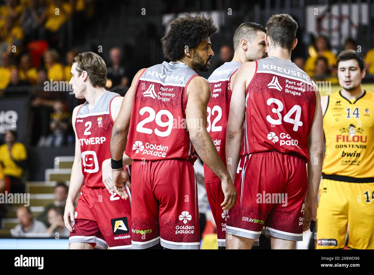 Oostende, Belgium. 27th May, 2024. Antwerp's JeanMarc Mwema looks dejected during a basketball