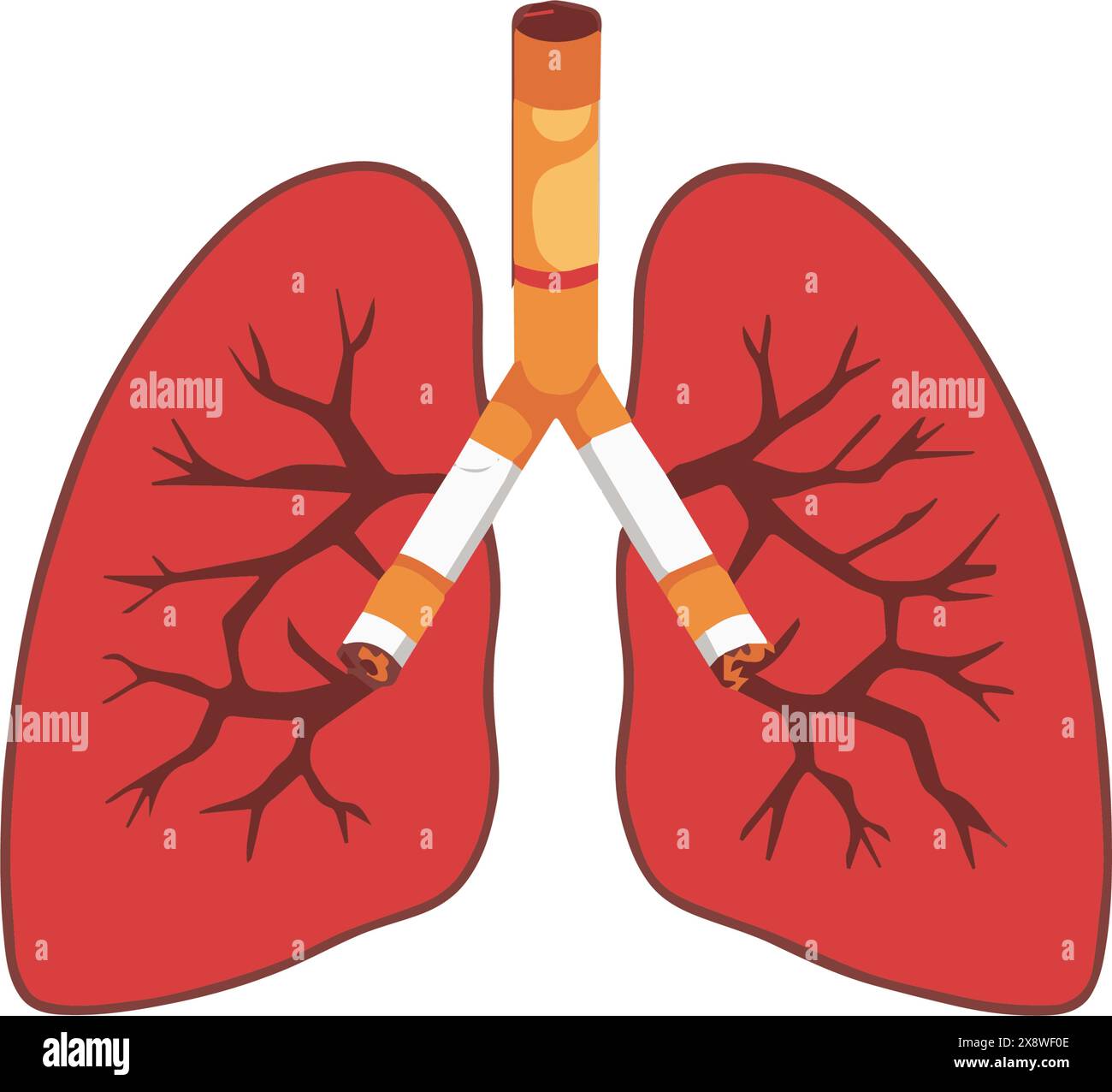 Lungs infected by Cigarette. Cancer diseases caused by smoking. Do not Smoke here awareness label Attention. World No Tobacco Day no vaping concept. Stock Vector