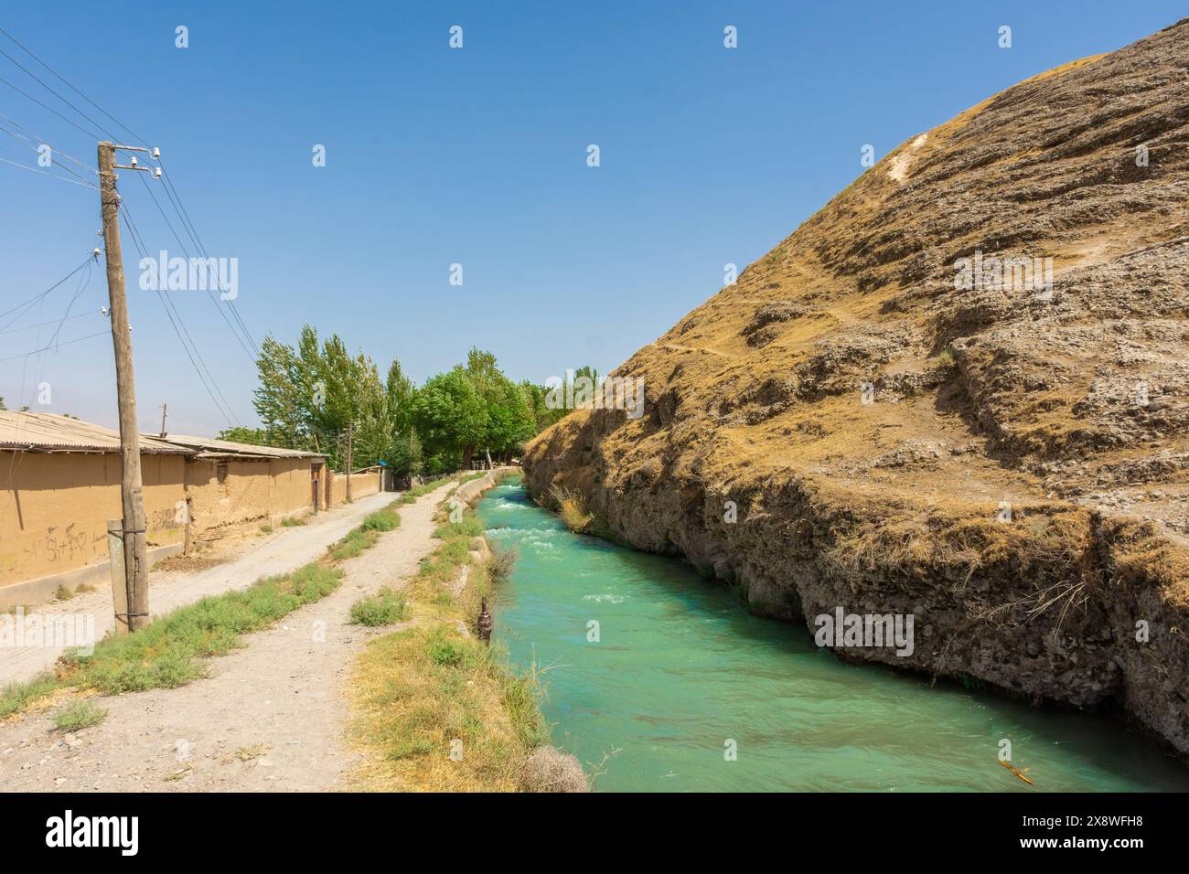 Stream Flowing Next To The Ruins Of Ancient Panjakent Tajikistan Stock stream-flowing-next-to-the-ruins-of-ancient-panjakent-tajikistan-stock