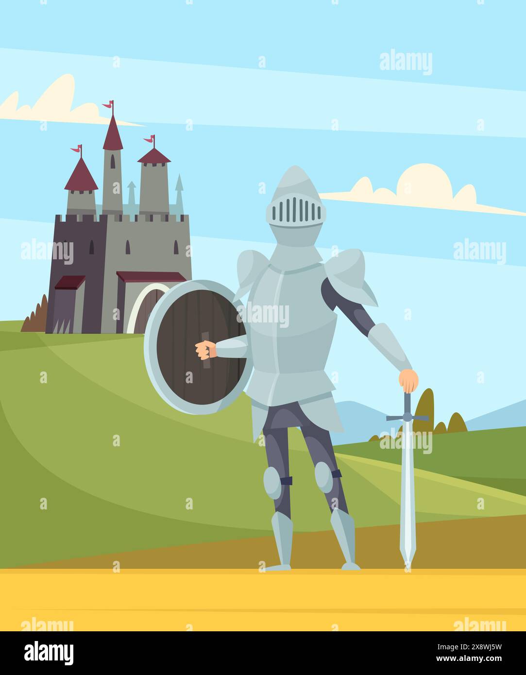 Knight Brave Ancient Soldier In Armor Protected Castle Cartoon 