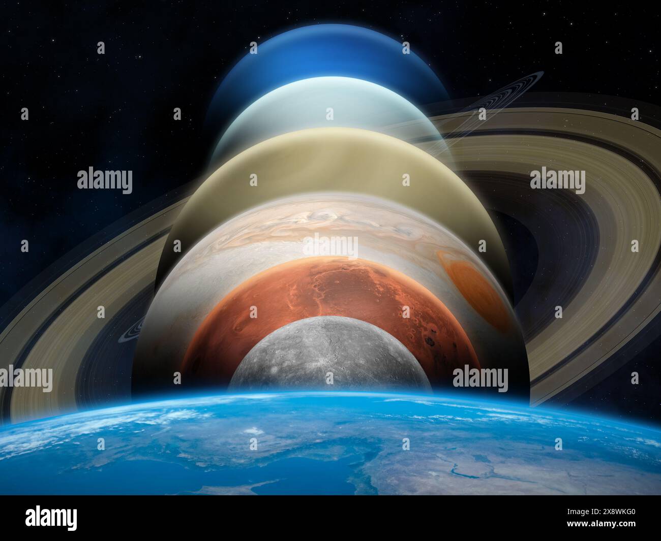 A planetary alignment, or a 'planet parade' six planets Jupiter, Mercury, Uranus, Mars, Neptune and Saturn. Elements of this image furnished by NASA. Stock Photo