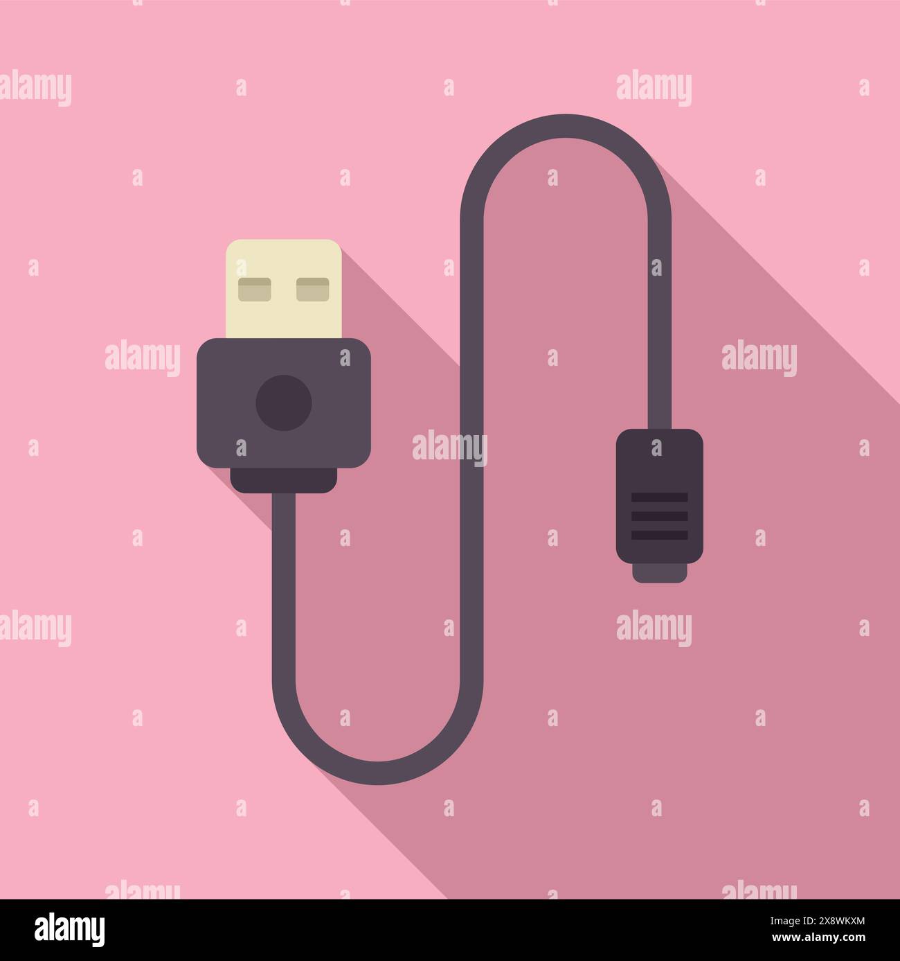 Minimalist illustration of a usb cable with shadow on a pink background ...