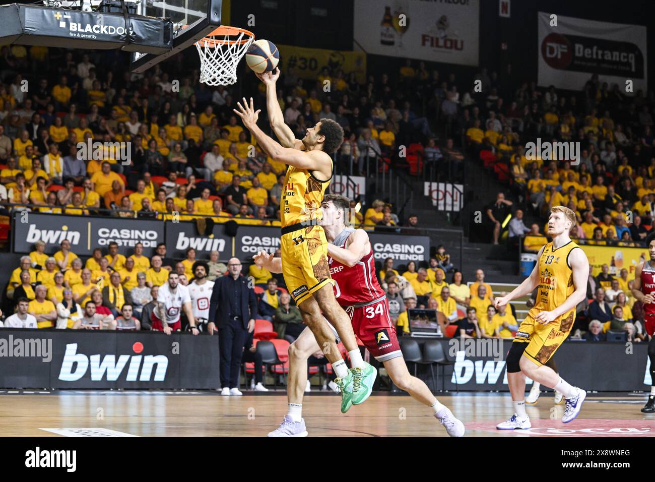 Oostende, Belgium. 27th May, 2024. Oostende's Jean Salumu and Antwerp's Jackson Rocky Kreuser
