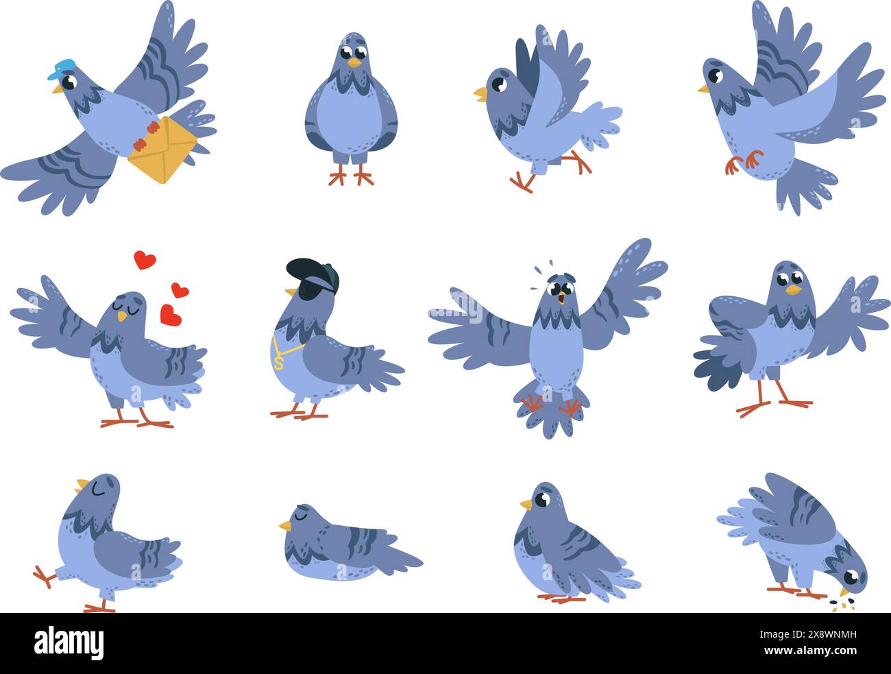 Funny pigeon set. Isolated pigeons, birds in different poses with ...