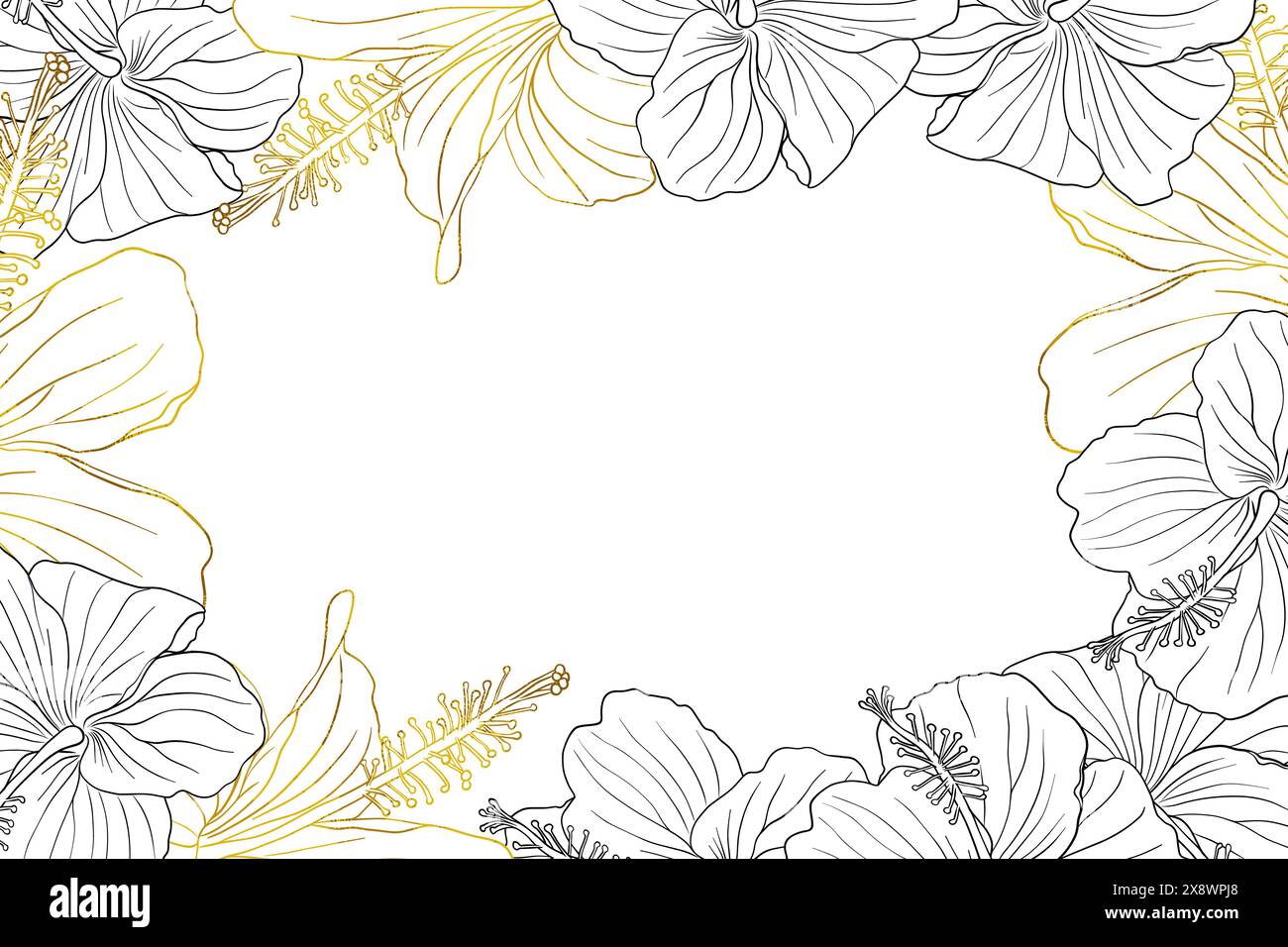 Hibiscus flower frame boarder for design of card, wedding invite, scrapbook. Line art black ink and golden hand drawn tropical floral background Stock Vector
