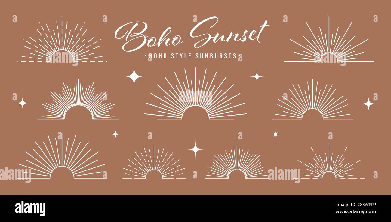 Vintage sunburst, sunset beams, half circle sunrise. Boho style, modern ...