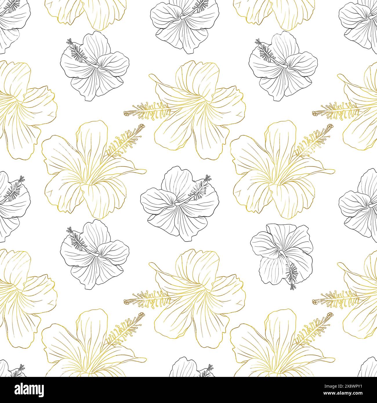 Hibiscus flower seamless pattern for textile design, scrapbook, wallpaper. Line art black and golden hand drawn tropical floral background Stock Vector