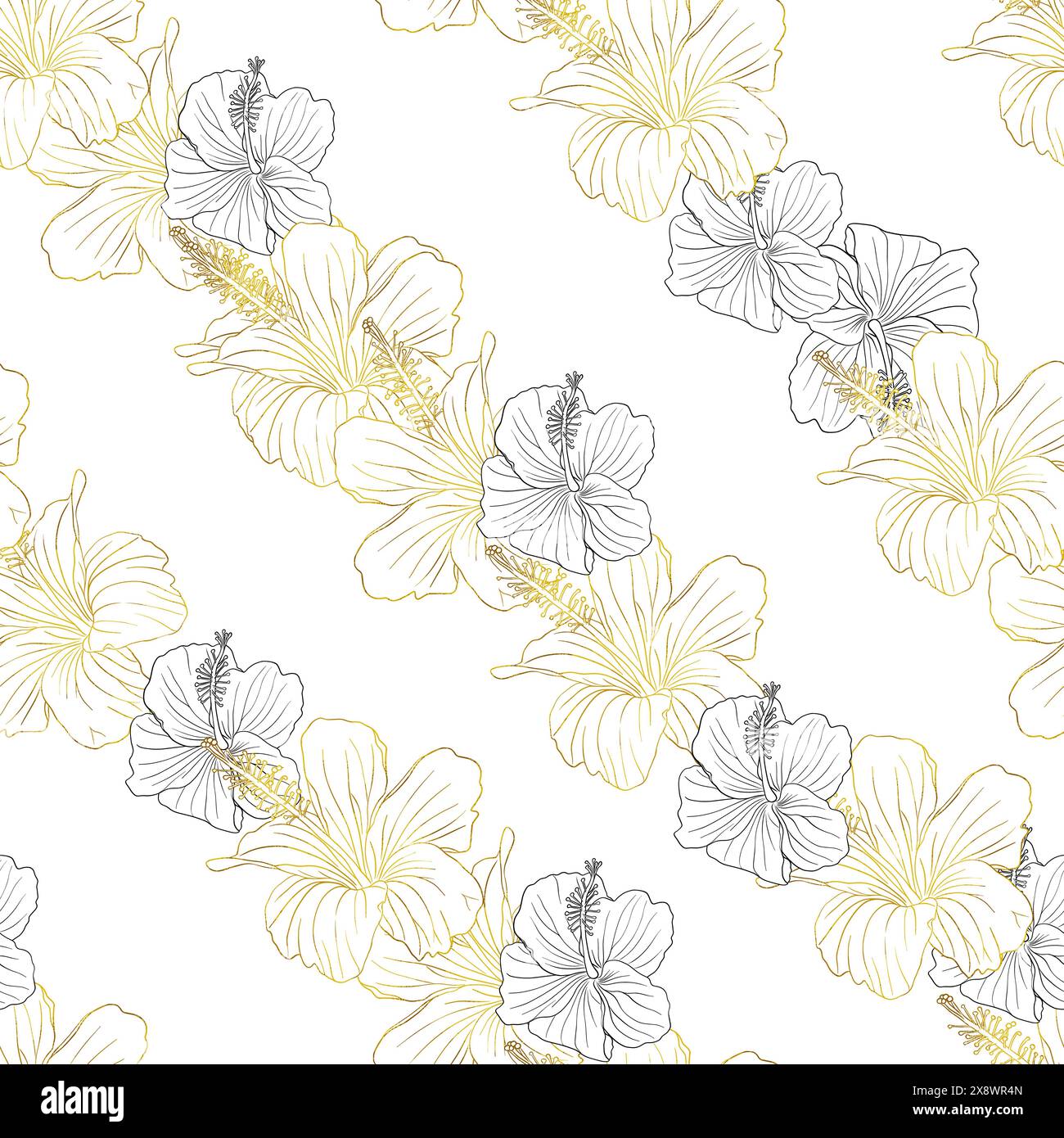 Hibiscus flower seamless pattern for textile design, scrapbook, wallpaper. Line art black and golden striped hand drawn tropical floral background Stock Vector