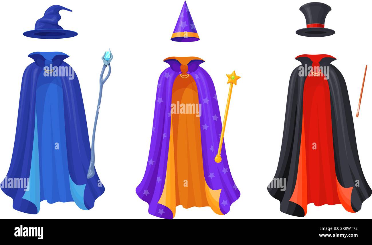 Magician cloak. Carnival costumes clothing, magic mantle wizard mantle collar magicians mysterious cloak mystery ghost halloween masquerade circus cape vector illustration of carnival magician cloak Stock Vector