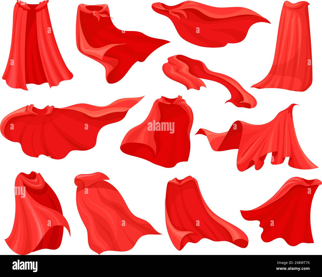 Cartoon red cloaks. Superhero fly capes, magic hero cloak super man