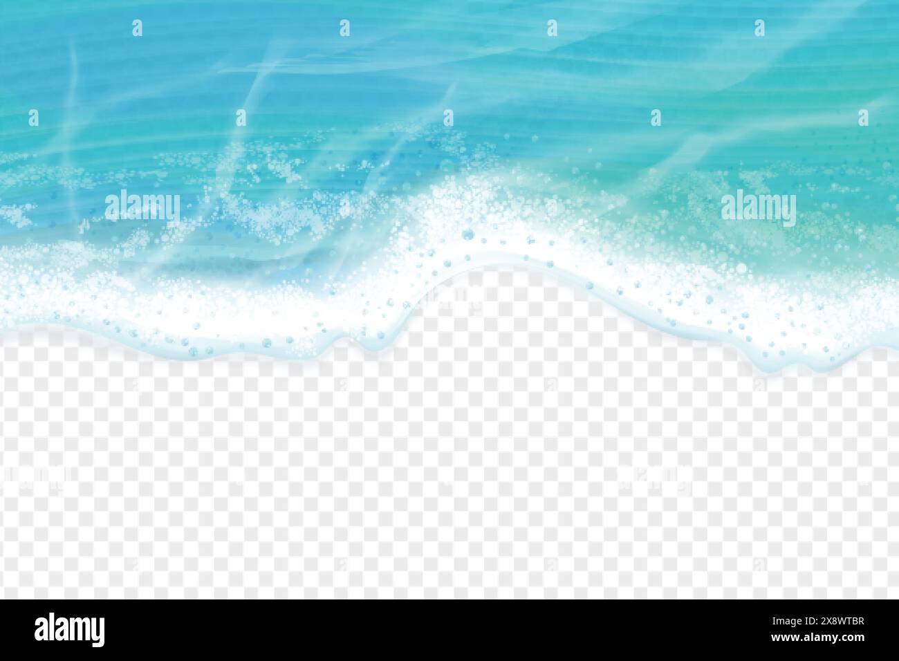 Realistic sea wave top view. Ocean soapy blue waves down border aerial background, transparent coast marine foam natural lake beach water coastline travel exact vector illustration of realistic sea Stock Vector