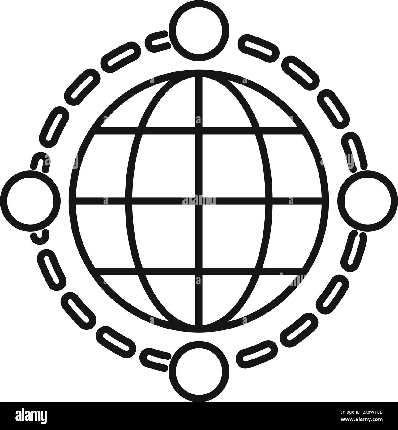 Global unity concept icon with connected circles and people in geometric minimalist design illustration for worldwide collaboration and solidarity in international relations and cultural alliance Stock Vector