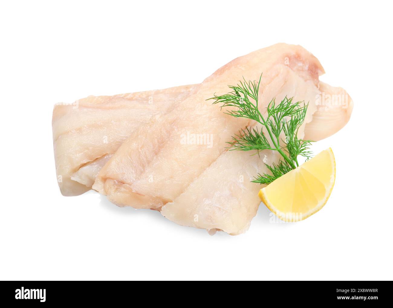 Pieces of raw cod fish, dill and lemon isolated on white Stock Photo ...
