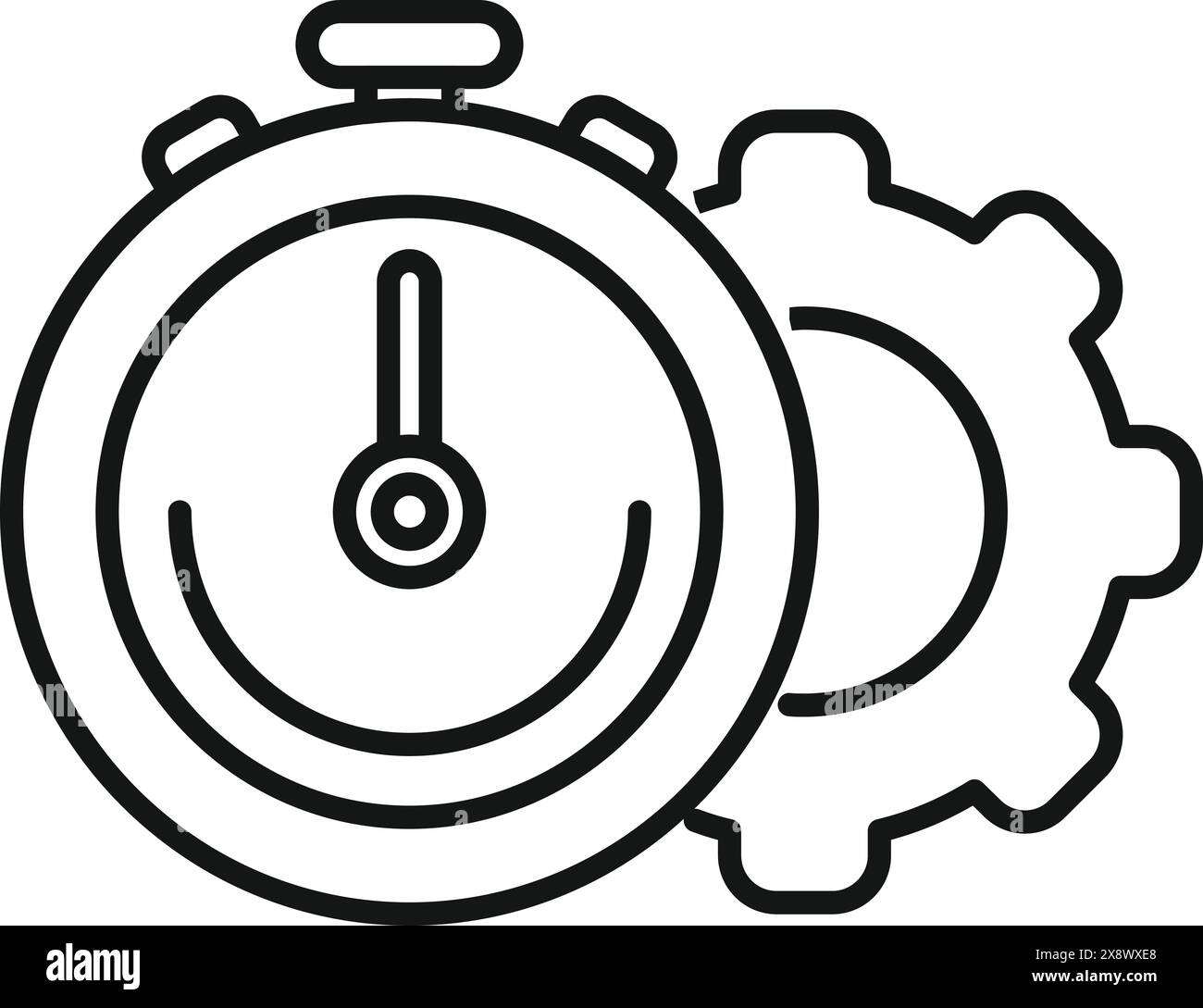 Black and white line art of a stopwatch intertwined with mechanical gears Stock Vector