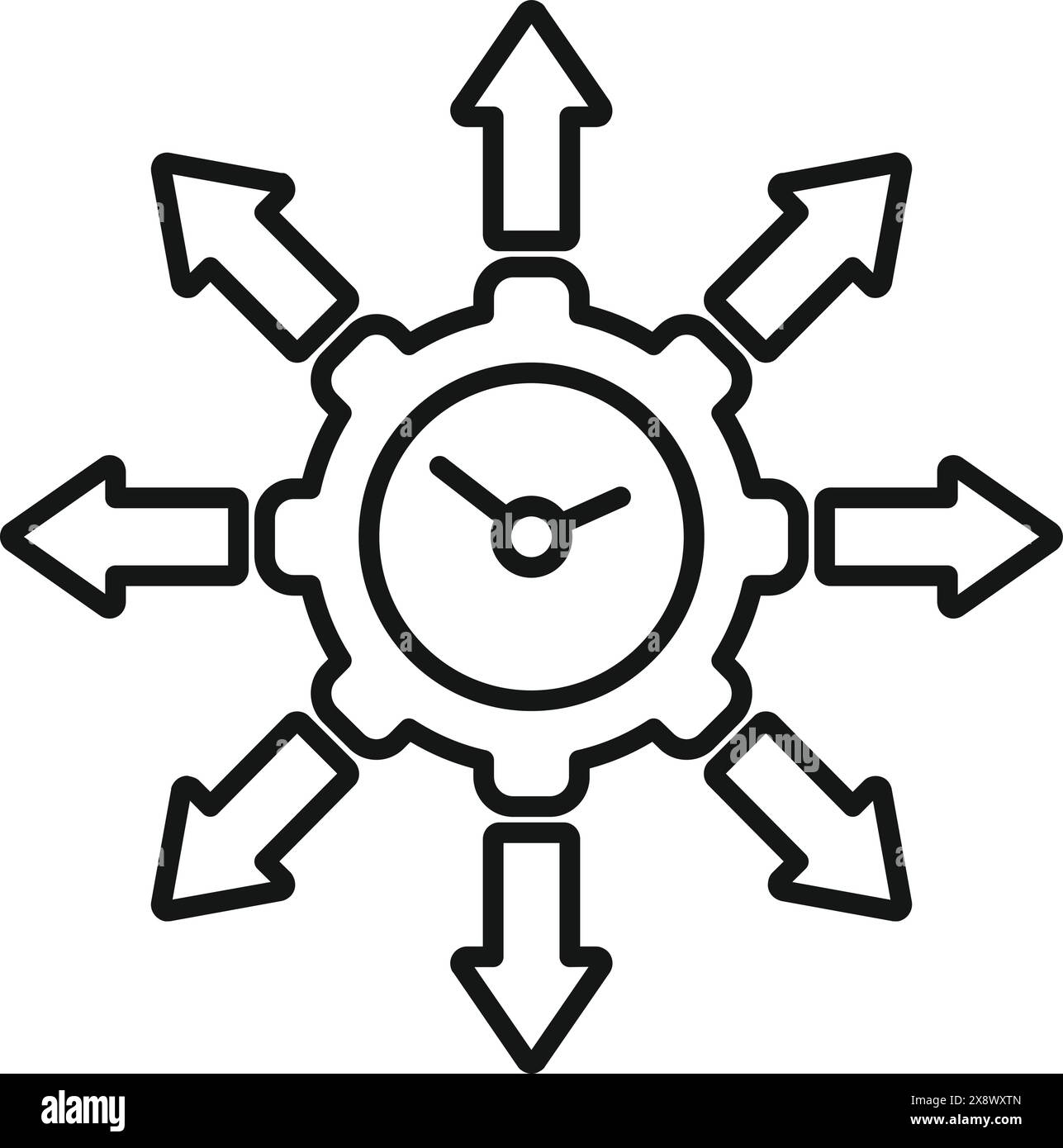 Simplified line drawing of a clock with directional arrows, symbolizing efficient time management and planning Stock Vector