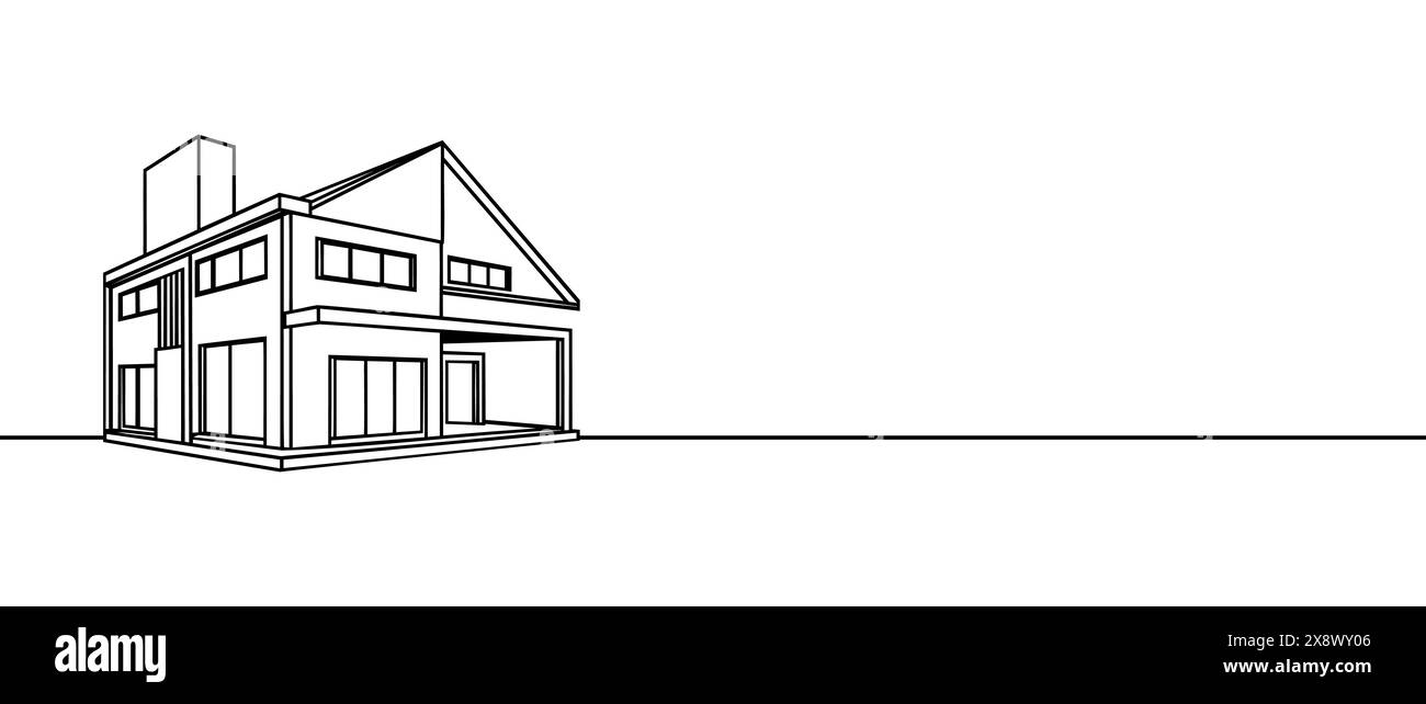 Modern house or commercial building in continuous line art drawing ...