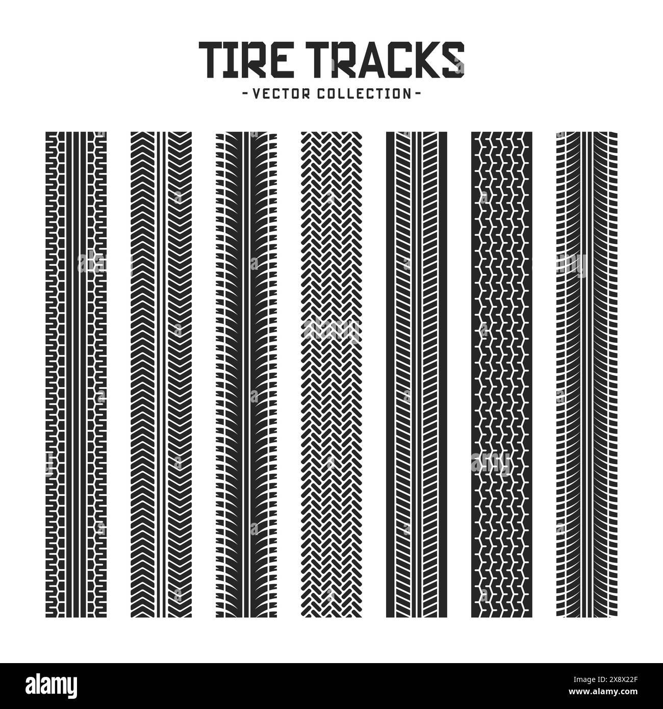 Tire tracks, wheel braking marks. Truck, car or motorcycle tread pattern silhouettes. Auto race, motorsport, speed racing design element. Vector Stock Vector